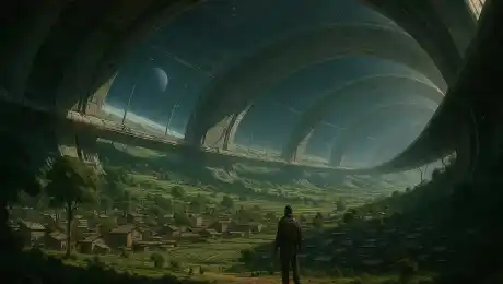 In a dystopian future where a community exists in a giant Stanford torus in space, Space settlement, realistic, photo- realistic, 8k, highly detailed, full length frame, High detail RAW color art, diffused soft lighting, sharp focus, hyperrealism, cinematic lighting, natural, hyperrealism, soft light, sharp