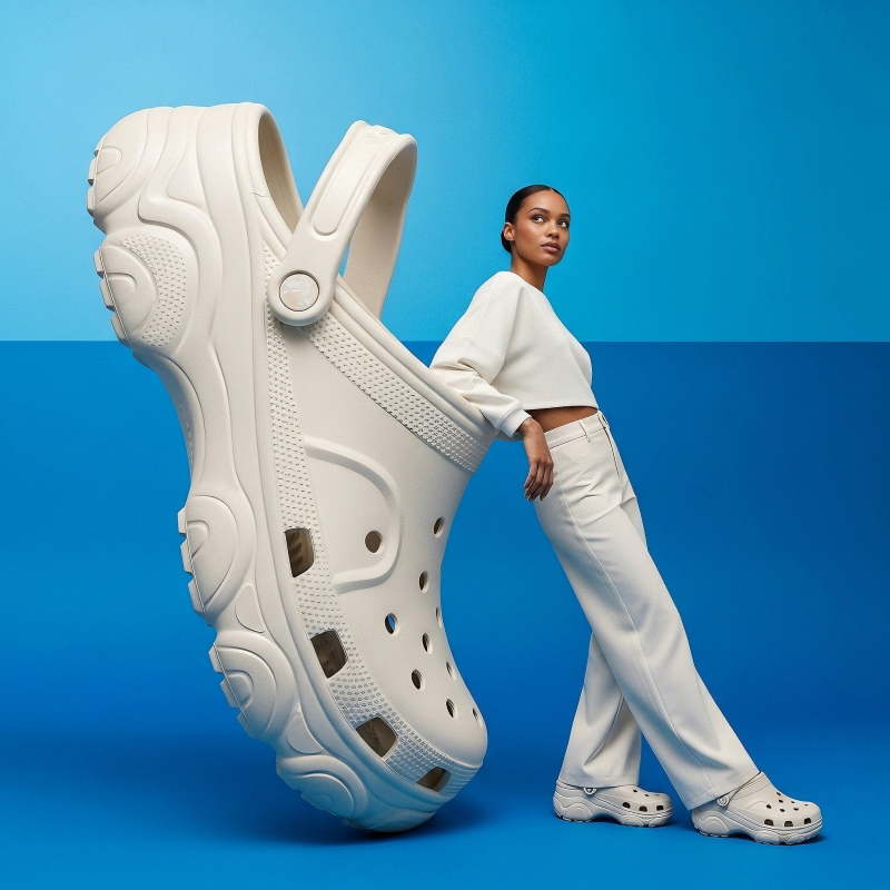 An advertising image presents a large, light-colored fashioned crocs and a woman on a two-toned blue background. The backdrop is a gradient of blue, with a brighter, more light-blue hue at the top, transitioning to a deeper, darker blue at the bottom, creating a subtle, reflective surface.
On the left, a magnified view of a chunky high quality and fashioned crocs in an off-white or light beige color dominates the lower portion of the frame. The crocs features intricate lines and details, multiple panels, and a thick, textured sole. The crocs is shiny and smooth. The Crocs is oriented with its sole facing the viewer, leaning slightly to the right, rotated upright and standing vertically on its heel, the sole surface facing the right side of the frame. The shoe’s front toe section points upward, the strap hanging naturally downward, ventilation holes perfectly aligned in a vertical arrangement
Leaning against the side of the large crocs, on the right side of the image, is a young adult woman with an African appearance and fair skin tone. She is facing right, with her body angled slightly towards the crocs, and her head is turned to look directly upwards and slightly to her right. Her dark hair is pulled back, revealing a clean profile. She wears a coordinated light-colored, possibly white or cream, long-sleeved top and wide-leg trousers. The top has a high neckline and appears to be made of a soft, flowing fabric. Her left arm is visible, extended downwards, and her right arm is bent with her hand placed against her hip or the top of her thigh. She is wearing the same light-colored fashioned crocs as the large Crocs beside her.
The overall lighting suggests a soft, studio setup, casting minimal shadows and highlighting the subjects against the vibrant blue.