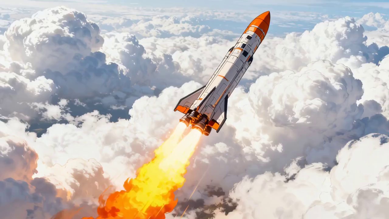 Action: The rocket violently blasts orange flames from its base, accelerating rapidly through the air, leaving a long, white contrail behind it until it disappears far into the distance.

Ambient Sound: The immense, continuous low-frequency roar of the engine (deafening); the sharp, piercing boom of a sonic boom as the rocket breaks the sound barrier; the "hissing" and "tearing" sound of air being violently displaced.

Character Dialogue: (No direct dialogue, only fast-paced, radio-processed countdowns and commands from a distant base control: "T minus 3, 2, 1... Liftoff!")