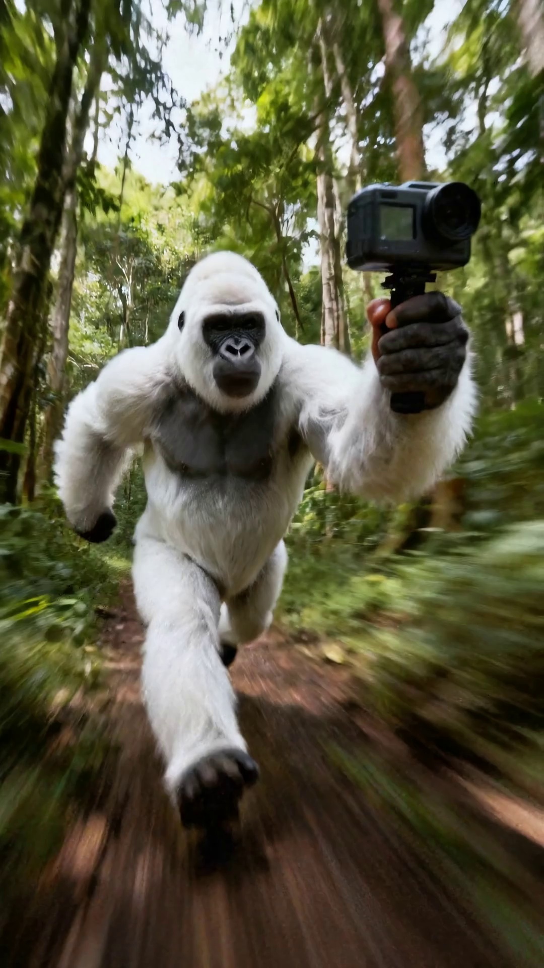 A cheerful gorilla holding a camera talks to the audience in vlog style, standing in a jungle with cinematic lighting. The gorilla waves and says with excitement:
"Yo! I just made this with Veo 3.1 on WaveSpeedAI! It even gave me a voice! Let’s gooo!"
Background: upbeat jungle music, camera shake, 4K cinematic realism.