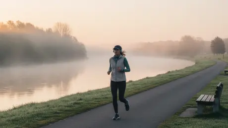 A jogger running along a riverside path in the early morning, wearing sportswear, light fog over the water.