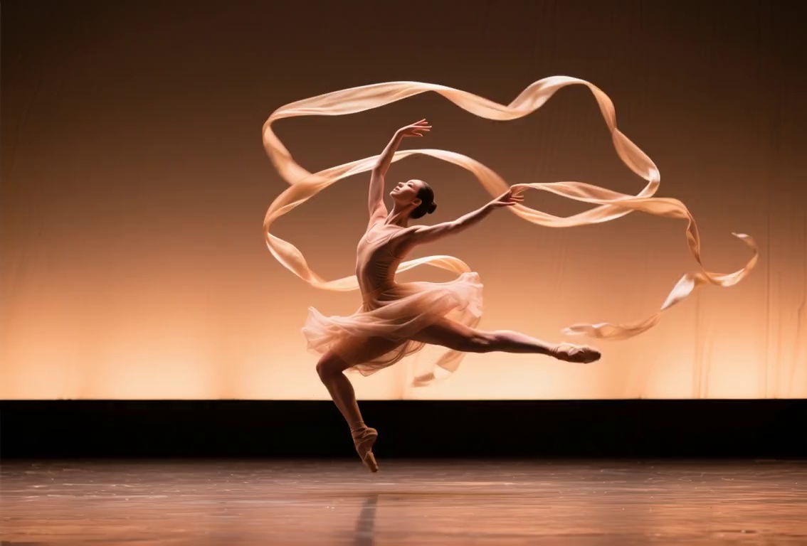 The dancer in the image gracefully moves across the stage with a flowing silk ribbon, spinning and leaping, ribbon twirls through the air, elegant camera dolly-in, warm stage lighting