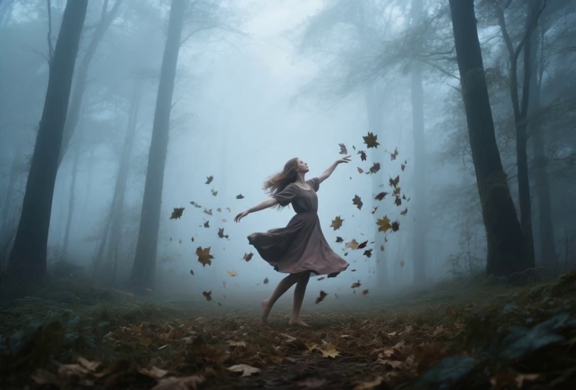 The girl in the image starts moving gracefully through a misty forest, twirling slowly, extending her arms as leaves swirl around her, camera rotates gently around her body, cinematic lighting, realistic motion
