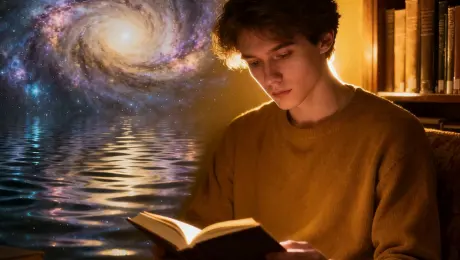 A person is deeply engrossed in a book in a cozy study. The wall behind them begins to ripple like water, slowly transforming into a swirling galaxy of stars and nebulae that reflects the fantasy world of the book. The light from the galaxy gently illuminates the side of their face. Magical, surreal, imaginative.