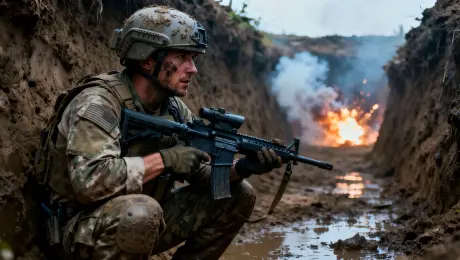 A soldier, his face streaked with mud and sweat, crouches low in a narrow, muddy trench. His gaze is intensely focused down the line. Suddenly, a massive explosion erupts just behind him, illuminating the entire trench with a violent, fiery flash. Sparks, smoke, and debris are blasted past him in a chaotic, dramatic wave (possibly in slow-motion).

The soldier braces his body against the concussion, flinching but heroically holding his ground. He tightens his grip on his rifle, his knuckles white, as dirt rains down from above. His eyes never leave his target, showcasing unwavering focus amidst the chaos. The camera holds a tight, tense medium shot on him, capturing the raw intensity of the moment. Cinematic, blockbuster war movie, gritty, high-action, dramatic lighting, palpable tension, high-stakes, realistic