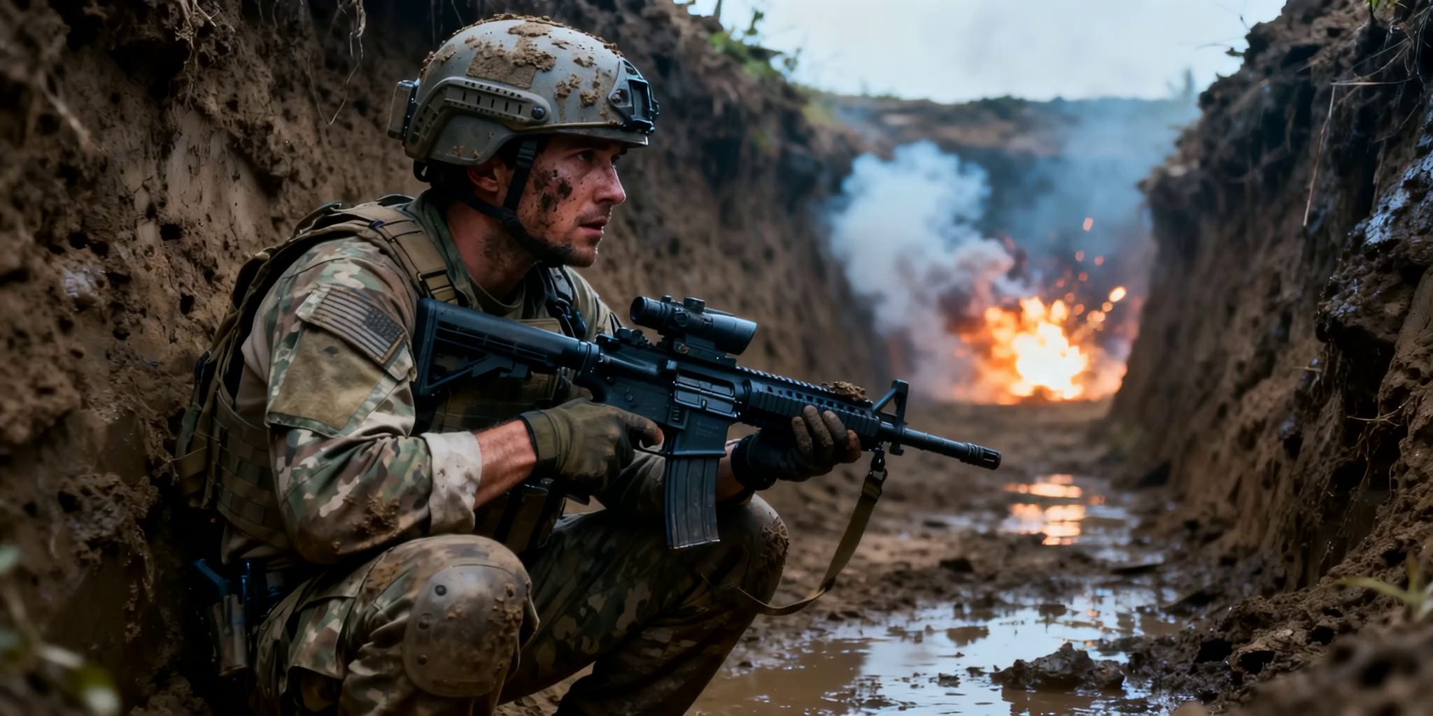 A soldier, his face streaked with mud and sweat, crouches low in a narrow, muddy trench. His gaze is intensely focused down the line. Suddenly, a massive explosion erupts just behind him, illuminating the entire trench with a violent, fiery flash. Sparks, smoke, and debris are blasted past him in a chaotic, dramatic wave (possibly in slow-motion).

The soldier braces his body against the concussion, flinching but heroically holding his ground. He tightens his grip on his rifle, his knuckles white, as dirt rains down from above. His eyes never leave his target, showcasing unwavering focus amidst the chaos. The camera holds a tight, tense medium shot on him, capturing the raw intensity of the moment. Cinematic, blockbuster war movie, gritty, high-action, dramatic lighting, palpable tension, high-stakes, realistic