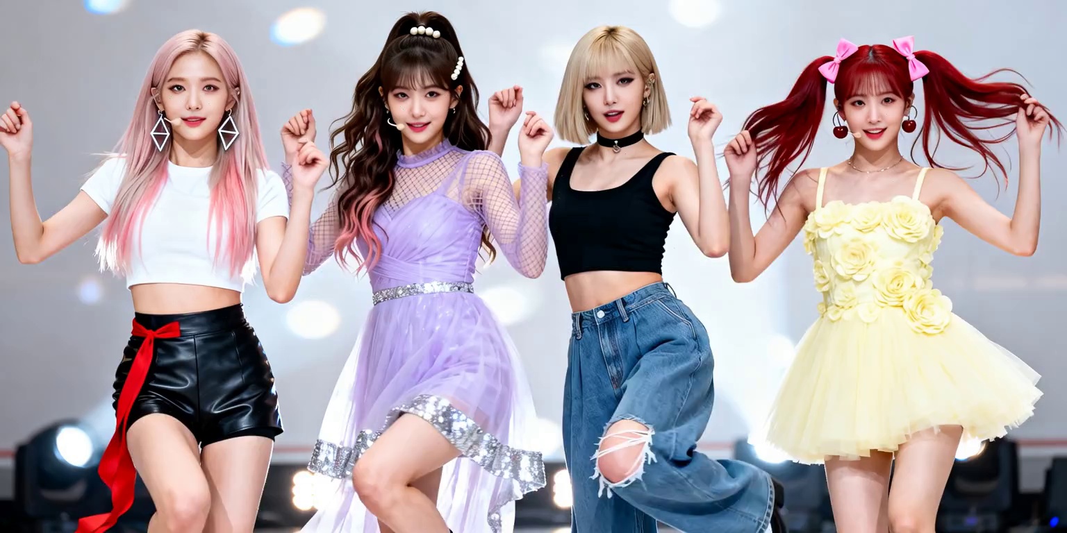 A vibrant K-pop girl group of four members, each with unique, colorful hairstyles and stylish stage outfits, performs a high-energy, perfectly synchronized dance routine on a brightly lit concert stage. They execute sharp, precise movements with powerful grace, transitioning seamlessly between formations. Their expressions are confident and charismatic, engaging directly with the audience. Dynamic camera angles capture their full body choreography and close-ups of their captivating visuals. Fast-paced, energetic, pop concert atmosphere, glamorous, bold fashion, professional choreography, bright spotlights, fan cheering implied, blockbuster music video quality.