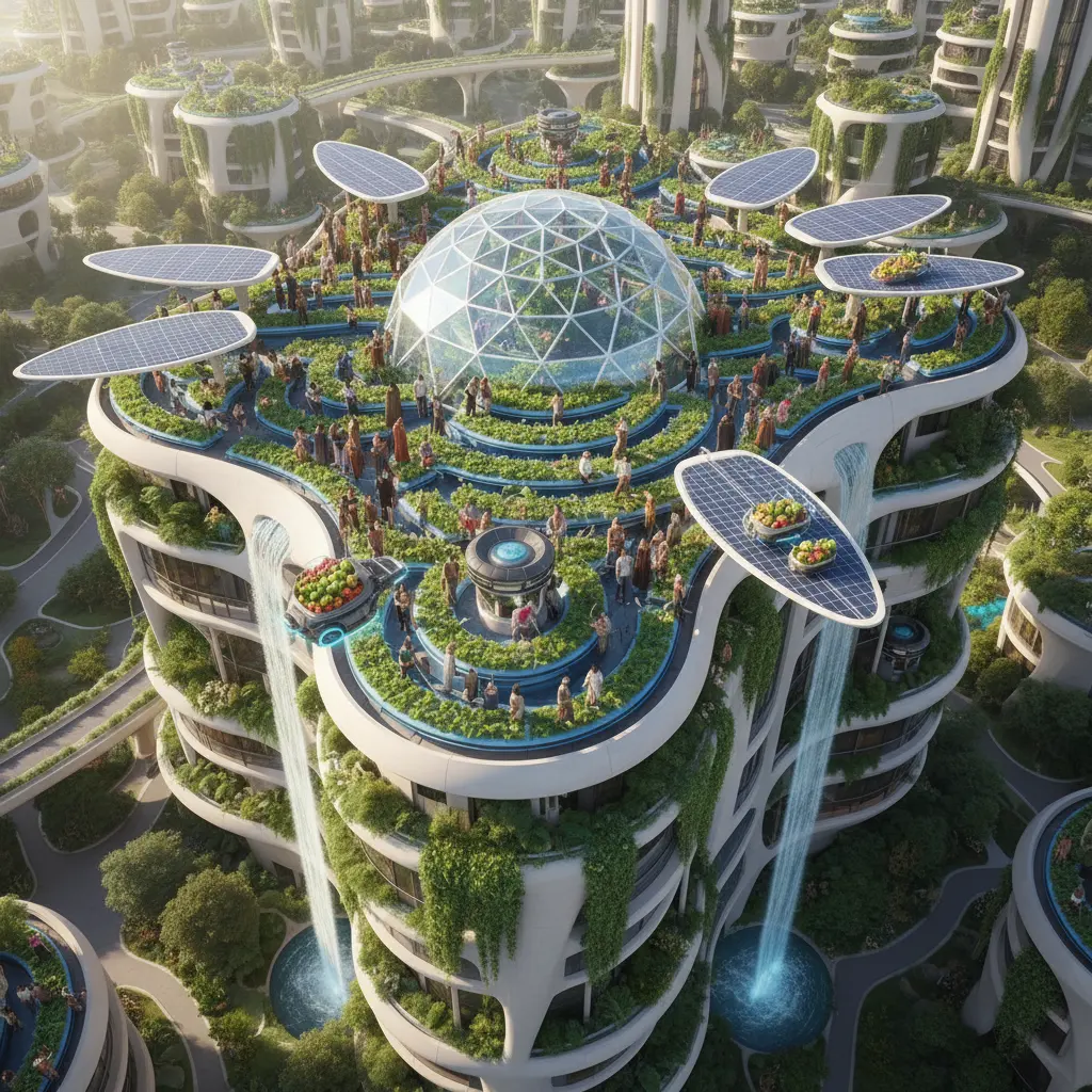 A vibrant, high-angle shot of a Solarpunk city sanctuary. Buildings are constructed with smooth, white bio-concrete and flowing organic shapes, seamlessly integrated with vertical gardens and cascading waterfalls. On a massive rooftop terrace, a diverse community of people tends to a lush hydroponic farm under a geodesic glass dome. Elegant, petal-shaped solar panels track the sun. Small transport drones hum quietly, carrying produce. The lighting is bright, clean, and optimistic, conveying a sense of community and harmony. Hyper-detailed, 8K