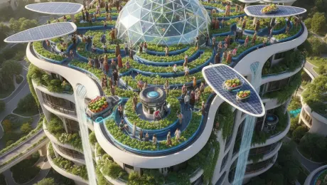 A vibrant, high-angle shot of a Solarpunk city sanctuary. Buildings are constructed with smooth, white bio-concrete and flowing organic shapes, seamlessly integrated with vertical gardens and cascading waterfalls. On a massive rooftop terrace, a diverse community of people tends to a lush hydroponic farm under a geodesic glass dome. Elegant, petal-shaped solar panels track the sun. Small transport drones hum quietly, carrying produce. The lighting is bright, clean, and optimistic, conveying a sense of community and harmony. Hyper-detailed, 8K