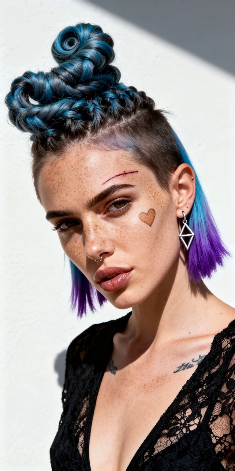 A rapid-fire sequence of hairstyle transformations on the same young woman with striking freckles, a small nose ring, and subtle facial markings. Her hairstyle instantly and fluidly changes multiple times in 6 seconds, seamlessly morphing from her current short style, to long wavy auburn hair, then to a sleek platinum blonde bob, then to an intricate braided updo, and finally to voluminous dark curls.

Crucially, her face, expression, and close-up position remain perfectly consistent and centered, looking directly at the viewer. The background remains a simple, brightly lit white wall. The effect is dynamic, fast-paced, and high-energy, like a modern hair product commercial. Studio quality, high detail, focus on the seamless morphing hair transitions.