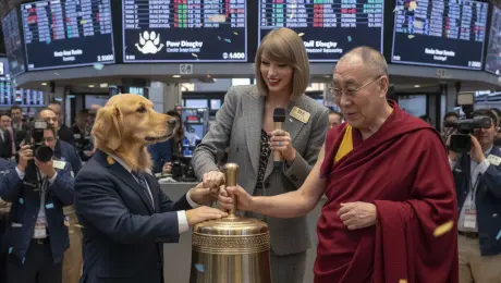 A golden retriever, the Dalai Lama, and Taylor Swift ring the bell at the New York stock exchange for their new company