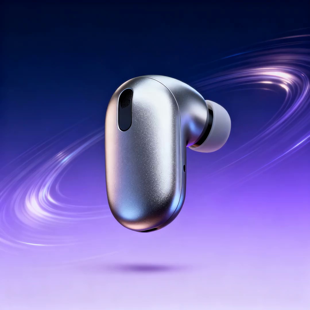 Camera: A smooth, slow 360-degree orbit shot around the floating earbud (Part 1). The camera slowly dollies in, focusing on the brushed metallic texture. As it gets extremely close, the earbud moves forward, filling the frame. We match-cut to an intimate close-up of a person's ear as their hand brings the same earbud into frame and inserts it. The camera then pulls back slightly to show their satisfied profile.

Effect: (Part 1) The earbud rotates weightlessly; light streaks orbit it. (Part 2) As the camera pushes through, the background cross-fades from the abstract purple/blue gradient to a soft-focus, stylish apartment. The person smiles gently and closes their eyes as they put the earbud in, signifying immersion.

Sounds/Voices: The minimalist electronic track swells during the transition. As the earbud is inserted, a soft, satisfying "chime" (like a 'connected' sound) plays, perfectly synced with a subtle bass drop. The music then continues, now feeling warmer and more ambient.

Mood: Begins as "Premium, futuristic, sophisticated," then transitions to "Personal, immersive, comfortable, and satisfying."

Lighting: (Part 1) Polished, cool studio lighting. (Part 2) Transitions to warm, soft, indoor lifestyle lighting (e.g., soft morning light from a window) that casts a gentle glow on the person's face. The earbud itself still catches a perfect, clean highlight.