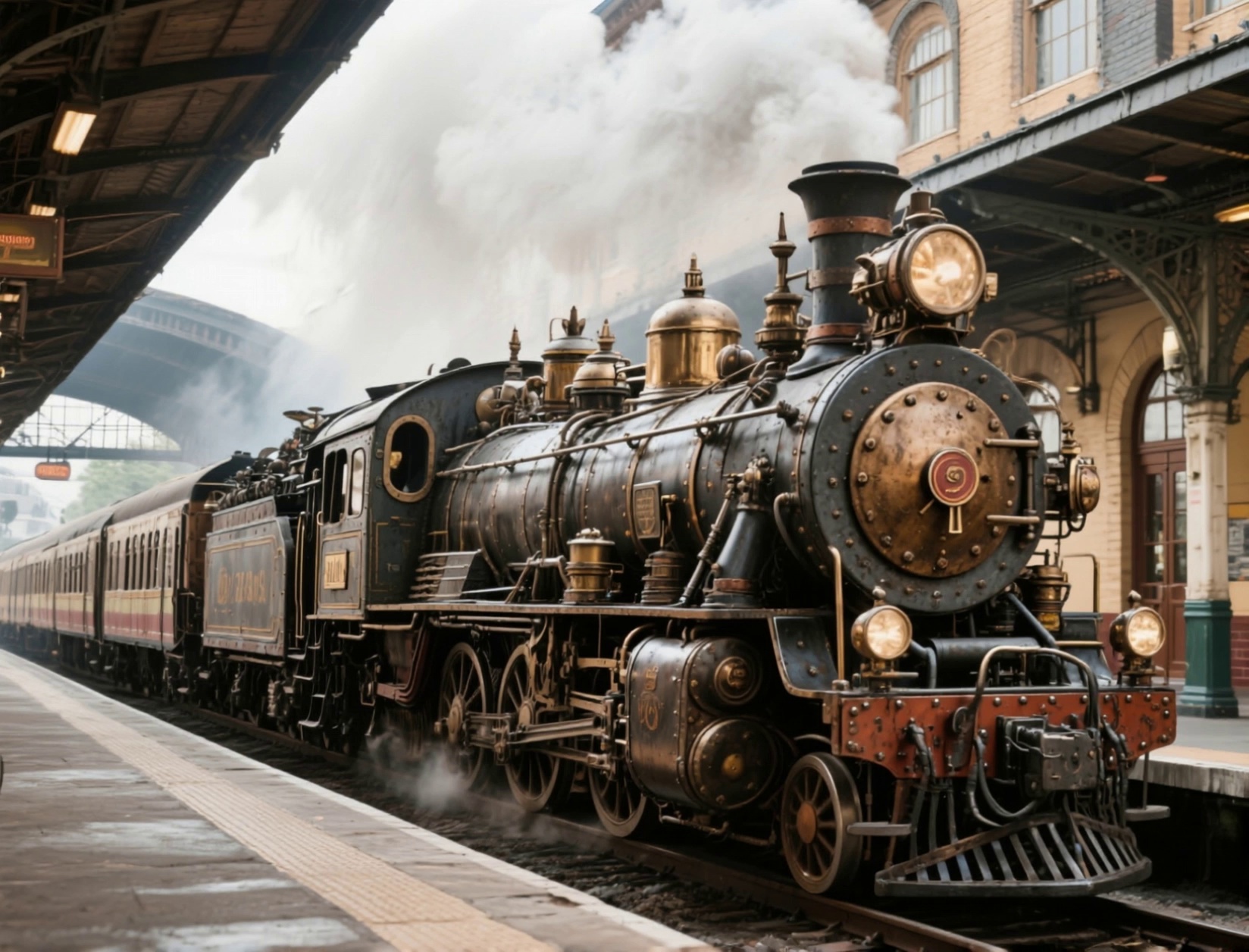A steampunk train departing the station, close-up of gears turning, steam rising, transition to wide landscape shot with mechanical city