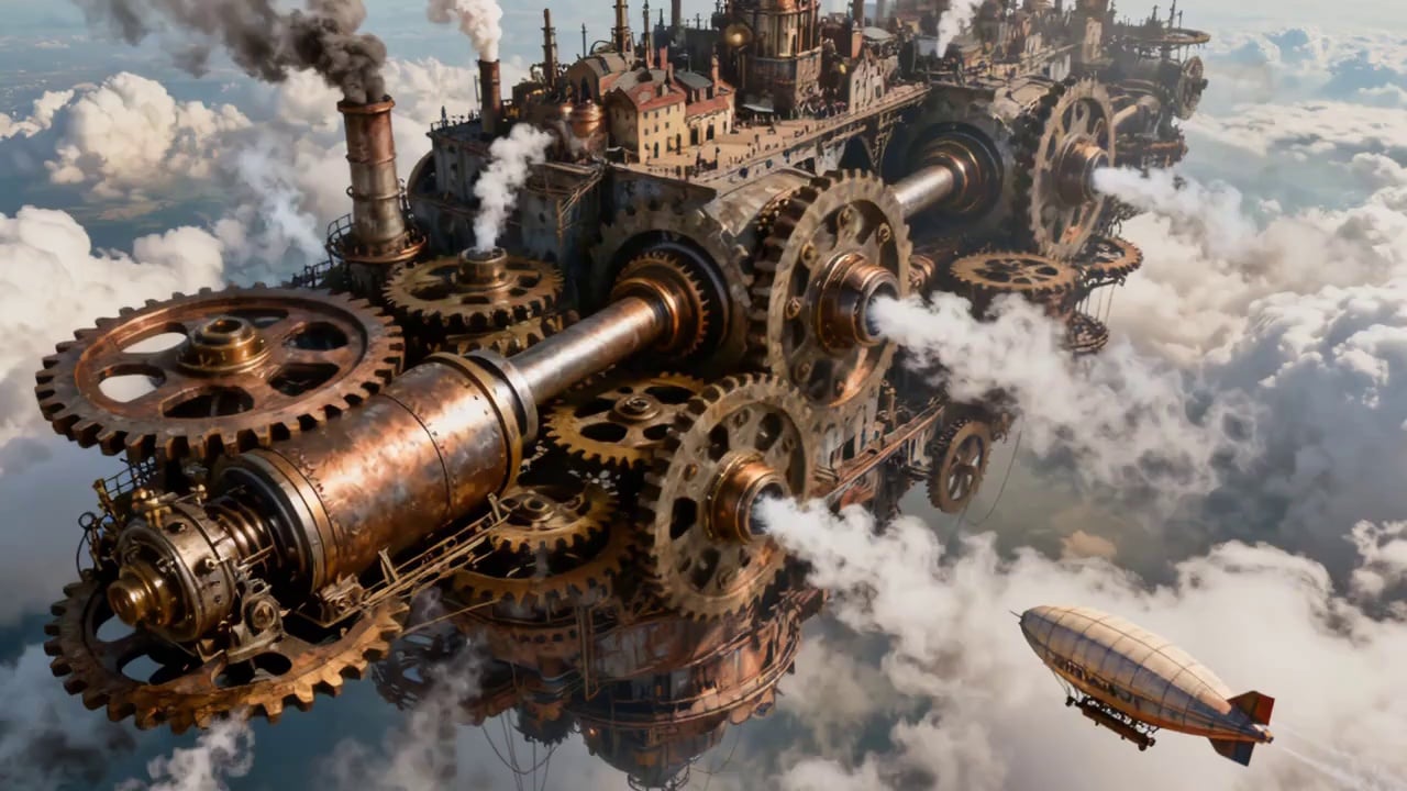 High in the sky, a huge steampunk-style floating city looms in the clouds. The main soundscape of this scene is the "click, click" mechanical friction sound from the operation of huge gears and pistons. The air is filled with steam, and the high-pressure exhaust port periodically spews out a "hiss-" sound. Below, the airship slowly passed by the field of vision, emitting a low engine "roar". This is a futuristic world full of energy and great mechanical sensations.