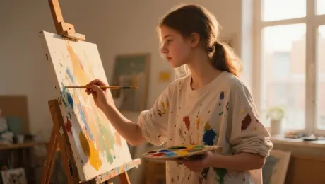 A teenage girl painting on a canvas in a cozy studio, wearing an oversized shirt with paint stains, warm lighting from a side window.She dips her brush and continues to paint, her hand moving with precision, dust particles dance in the light beam, canvas shimmers with evolving color