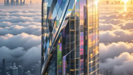 Futuristic landmark tower with parametric façade, mirror metal + glass, sunrise above cloud sea, dramatic skyline, competition-grade visualization, realistic materials, cinematic depth