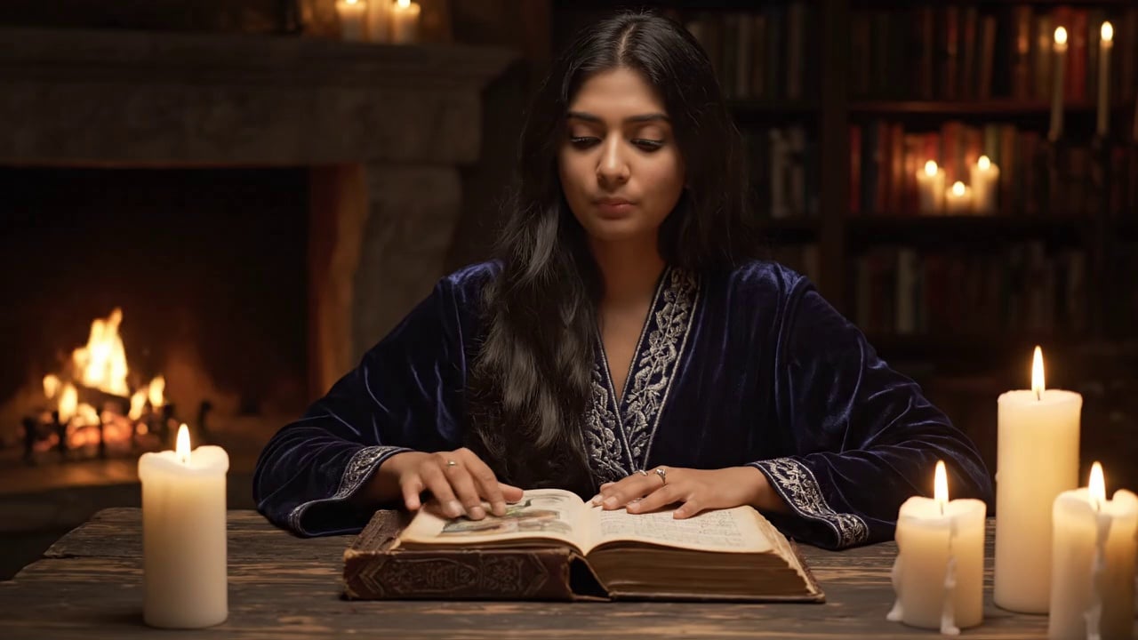 A young wizard reading an ancient spellbook in a candlelit room, pages turning, fire crackling. She chants softly: 'By moon and flame, awaken the light within...