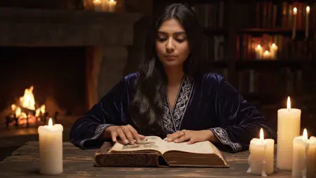 A young wizard reading an ancient spellbook in a candlelit room, pages turning, fire crackling. She chants softly: 'By moon and flame, awaken the light within...