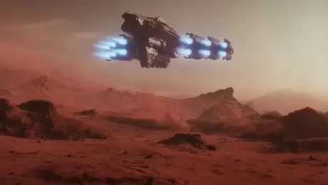 Camera: An extreme low-angle, shaky cam shot, looking up as a massive alien dreadnought descends onto a barren red planet. The camera is pushed back slightly by intense wind and vibration.