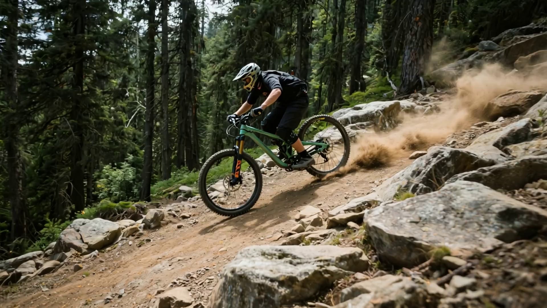 A mountain biker navigates a challenging rocky trail, kicking up dust as they speed down a steep incline surrounded by dense forest.