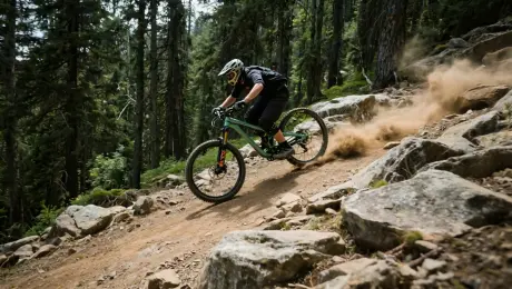 A mountain biker navigates a challenging rocky trail, kicking up dust as they speed down a steep incline surrounded by dense forest.