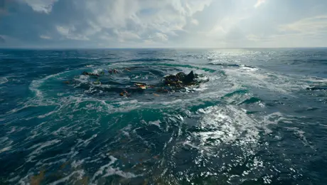 A swirling vortex of deep indigo and emerald green, the ocean’s churning heart pulls unsuspecting debris into its hypnotic embrace;  sunlight filters through the surface, illuminating the chaotic dance of water and highlighting the mesmerizing textures of the whirlpool, creating an ethereal, almost otherworldly atmosphere.