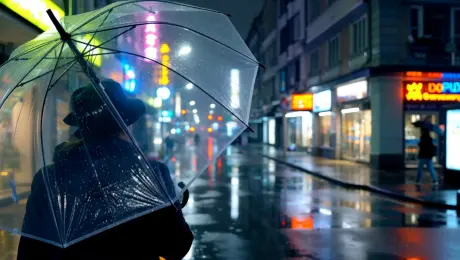 A point-of-view (POV) shot of someone holding a clear umbrella while walking down a rain-slicked city street at night. The neon signs of shops blur and reflect beautifully in the puddles on the pavement. --POV shot, hyperrealistic water effects, moody lighting, atmospheric.