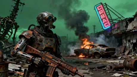 Mood: Gritty, desolate, dangerous, and atmospheric. A sense of weary vigilance in a ruined world.

Lighting: The scene is dominated by the sickly, ominous green glow of the sky and the harsh, flickering orange-red light from the burning car, casting dynamic shadows. The neon sign emits a stark, pulsing pink and blue glow, reflecting off the rusty armor.