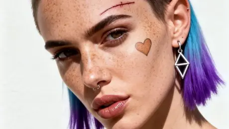 A rapid-fire sequence of hairstyle transformations on the same young woman with striking freckles, a small nose ring, and subtle facial markings. Her hairstyle instantly and fluidly changes multiple times in 6 seconds, seamlessly morphing from her current short style, to long wavy auburn hair, then to a sleek platinum blonde bob, then to an intricate braided updo, and finally to voluminous dark curls.

Crucially, her face, expression, and close-up position remain perfectly consistent and centered, looking directly at the viewer. The background remains a simple, brightly lit white wall. The effect is dynamic, fast-paced, and high-energy, like a modern hair product commercial. Studio quality, high detail, focus on the seamless morphing hair transitions.