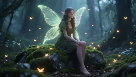 A forest elf girl with glowing wings, sitting on a mossy rock surrounded by fireflies, magical forest atmosphere, soft lighting.Her wings shimmer with delicate motion, fireflies dance around her, she turns to smile softly, foliage sways slightly as ambient light flickers