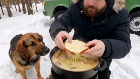 A man bundled in warm clothing enjoys cheese fondue at a snowy campsite, while a dog gazes longingly at the melting cheese. [Handheld close-up shot] opens on the bubbling pot, the gooey cheese stretching slowly under the heat. As he lifts a piece of bread drenched in cheese, the dog droops its ears, eyes filled with longing. [Camera pulls back slightly] to reveal a cozy camp scene: falling snow, surrounding trees, and a parked jeep in the background.