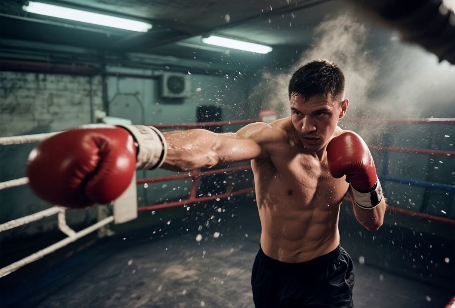 The boxer in the image throws fast punches in a gritty underground gym, bobbing and weaving, sweat flying, dramatic lighting with dust in the air, camera circles around with intense close-ups