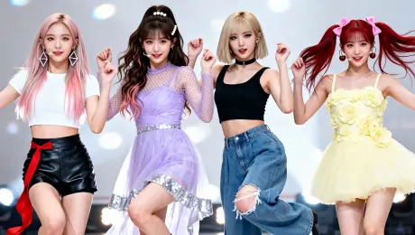 A vibrant K-pop girl group of four members, each with unique, colorful hairstyles and stylish stage outfits, performs a high-energy, perfectly synchronized dance routine on a brightly lit concert stage. They execute sharp, precise movements with powerful grace, transitioning seamlessly between formations. Their expressions are confident and charismatic, engaging directly with the audience. Dynamic camera angles capture their full body choreography and close-ups of their captivating visuals. Fast-paced, energetic, pop concert atmosphere, glamorous, bold fashion, professional choreography, bright spotlights, fan cheering implied, blockbuster music video quality.