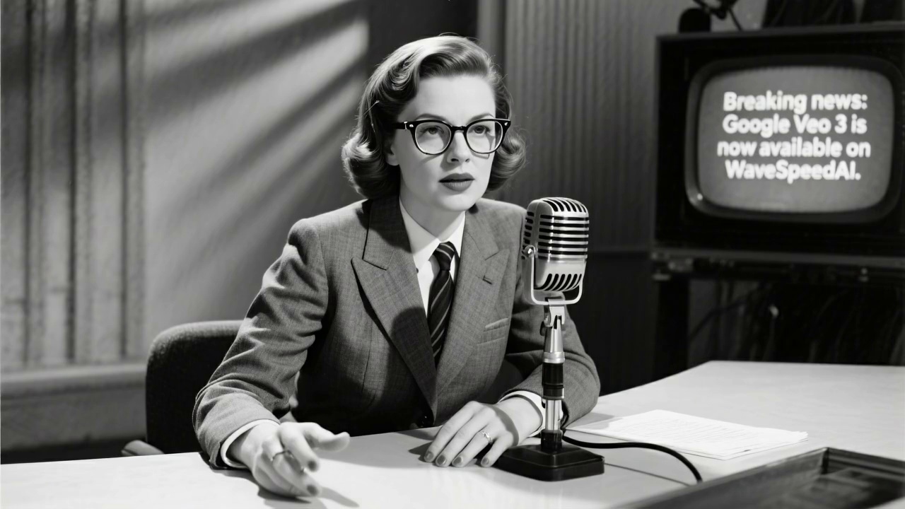 News anchor mid-action, looking straight at the camera. A vintage 1950s black-and-white television broadcast. A serious female news presenter sits at a desk, facing directly toward the audience, with a large old-school microphone in front. She wears a crisp suit, narrow tie, side-parted hair, and wireframe glasses. The presenter moves naturally: leans slightly forward, gestures with one hand, and maintains eye contact with the camera. Her lips are synced to say, "Breaking news: Google Veo 3 is now available on WaveSpeedAI." Contrast, sharp shadows, authentic grainy texture, classic black-and-white 1950s broadcast aesthetic. Vintage TV atmosphere.