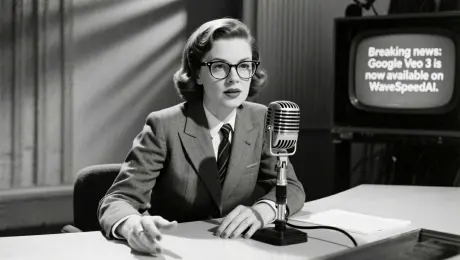 News anchor mid-action, looking straight at the camera. A vintage 1950s black-and-white television broadcast. A serious female news presenter sits at a desk, facing directly toward the audience, with a large old-school microphone in front. She wears a crisp suit, narrow tie, side-parted hair, and wireframe glasses. The presenter moves naturally: leans slightly forward, gestures with one hand, and maintains eye contact with the camera. Her lips are synced to say, "Breaking news: Google Veo 3 is now available on WaveSpeedAI." Contrast, sharp shadows, authentic grainy texture, classic black-and-white 1950s broadcast aesthetic. Vintage TV atmosphere.