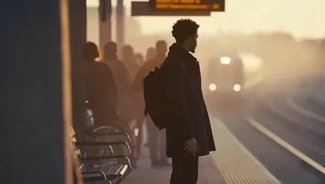 Format & Look
Duration 4s; 180° shutter; digital capture emulating 65 mm photochemical contrast; fine grain; subtle halation on speculars; no gate weave.

Lenses & Filtration
32 mm / 50 mm spherical primes; Black Pro-Mist 1/4; slight CPL rotation to manage glass reflections on train windows.

Grade / Palette
Highlights: clean morning sunlight with amber lift.
Mids: balanced neutrals with slight teal cast in shadows.
Blacks: soft, neutral with mild lift for haze retention.

Lighting & Atmosphere
Natural sunlight from camera left, low angle (07:30 AM).
Bounce: 4×4 ultrabounce silver from trackside.
Negative fill from opposite wall.
Practical: sodium platform lights on dim fade.
Atmos: gentle mist; train exhaust drift through light beam.

Location & Framing
Urban commuter platform, dawn.
Foreground: yellow safety line, coffee cup on bench.
Midground: waiting passengers silhouetted in haze.
Background: arriving train braking to a stop.
Avoid signage or corporate branding.

Wardrobe / Props / Extras
Main subject: mid-30s traveler, navy coat, backpack slung on one shoulder, holding phone loosely at side.
Extras: commuters in muted tones; one cyclist pushing bike.
Props: paper coffee cup, rolling luggage, LED departure board (generic destinations).

Sound
Diegetic only: faint rail screech, train brakes hiss, distant announcement muffled (-20 LUFS), low ambient hum.
Footsteps and paper rustle; no score or added foley.

Optimized Shot List (2 shots / 4 s total)

0.00–2.40 — “Arrival Drift” (32 mm, shoulder-mounted slow dolly left)
Camera slides past platform signage edge; shallow focus reveals traveler mid-frame looking down tracks. Morning light blooms across lens; train headlights flare softly through mist. Purpose: establish setting and tone, hint anticipation.

2.40–4.00 — “Turn and Pause” (50 mm, slow arc in)
Cut to tighter over-shoulder arc as train halts; traveler turns slightly toward camera, catching sunlight rim across cheek and phone screen refle