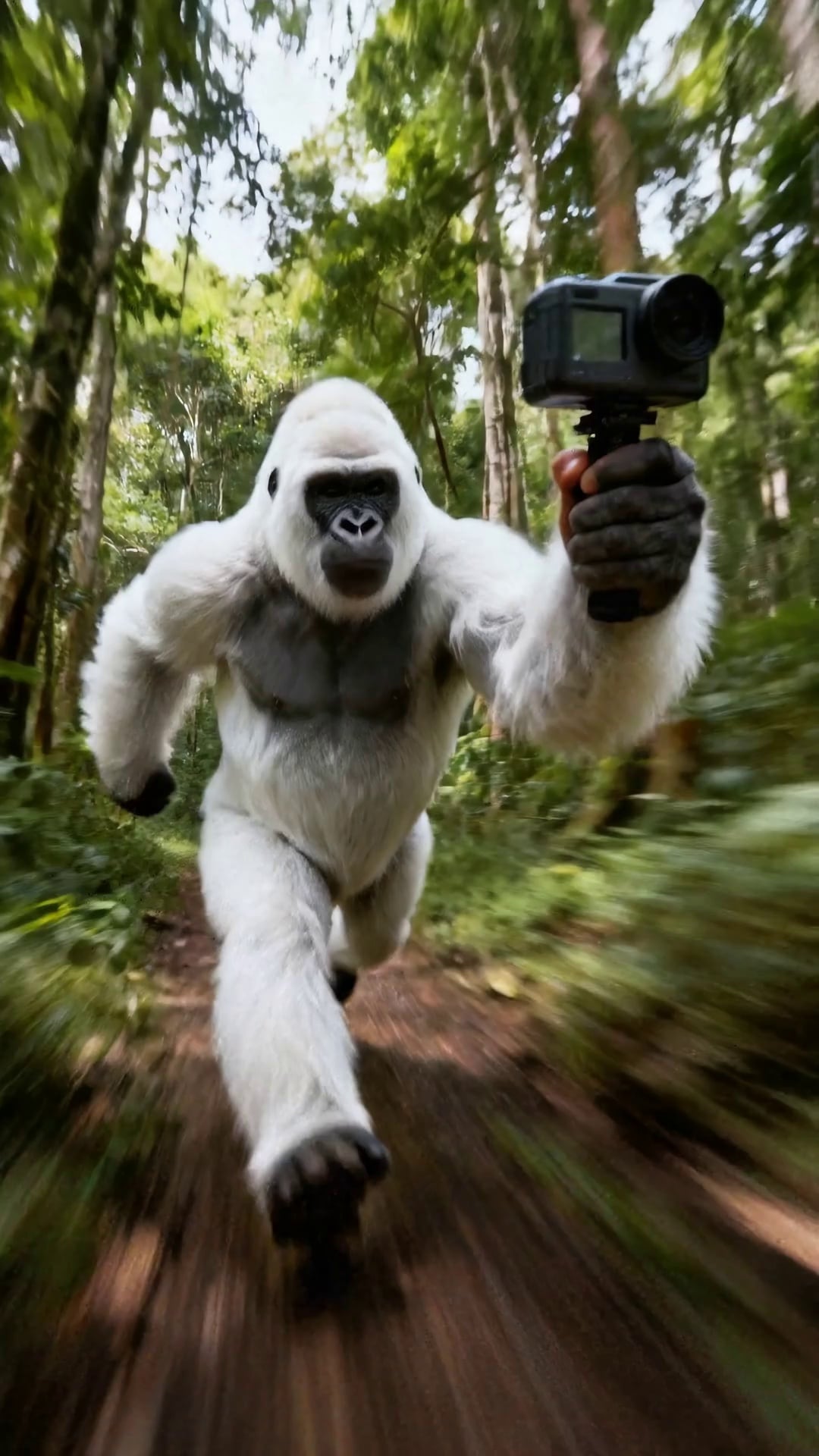 A cheerful gorilla holding a camera talks to the audience in vlog style, standing in a jungle with cinematic lighting. The gorilla waves and says with excitement:
"Yo! I just made this with Veo 3.1 on WaveSpeedAI! It even gave me a voice! Let’s gooo!"
Background: upbeat jungle music, camera shake, 4K cinematic realism.