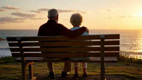 An older couple, seen from behind, sits on a wooden bench watching the sunset over the ocean. The man gently places his arm around the woman's shoulder. The scene is peaceful and filled with unspoken history. --Static wide shot, silhouette, warm golden hour colors, photorealistic, emotionally resonant.