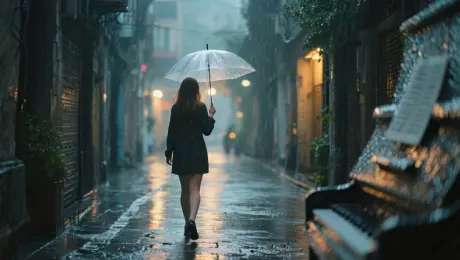 A young woman walks alone under a transparent umbrella in a quiet alley during light rain, soft city lights reflecting on the wet pavement. Her pace is calm and thoughtful. The camera follows slowly behind her, occasional droplets hitting the lens. Subtle piano music plays, evoking a melancholic but peaceful mood. Dreamy, cinematic, slightly slow motion.