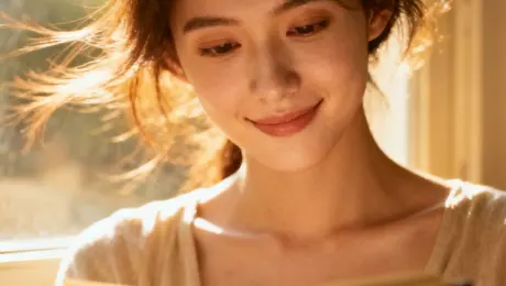 A young woman sits by a sun-drenched window, the gentle breeze softly blowing her hair as she focuses on reading a book, a calm and content smile on her face. The lighting is soft, creating a warm, tranquil atmosphere. Cinematic close-up shot.