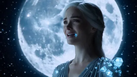  A beautiful woman with silver hair cries, and her tears transform into tiny, glowing crystals that fall and rest on her silk dress. The scene is illuminated only by the soft, ethereal light of a massive, detailed moon in the background. --Extreme close-up on her face, cinematic slow motion, magical realism, bokeh background, photorealistic details on the crystals.