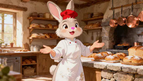 Action: She opened her hands

Ambient Sound: The soft crackling of the dying fire in the oven; a high-pitched, happy little ding sound from the timer; the warm, persistent sizzle of butter melting on a nearby stovetop.

Character Dialogue: (Voice is high-pitched, bubbly, and enthusiastic) "Welcome to my bakery!"
