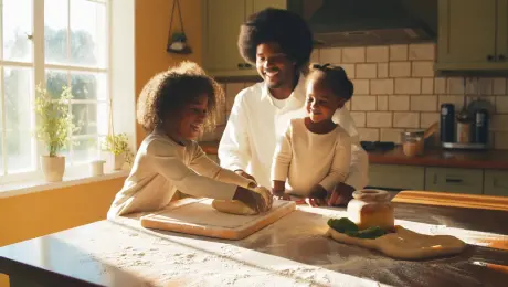 On a sunny afternoon, a father is teaching his little daughter how to knead dough in the kitchen, with flour scattered everywhere. They laugh happily as sunlight streams through the window, illuminating the dust motes dancing in the air. Handheld camera style, warm natural light, capturing an intimate family moment.