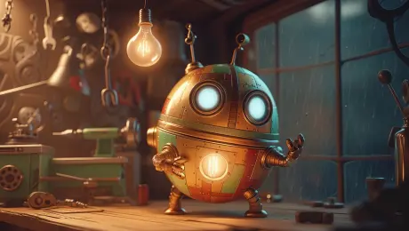 Style: Hand-painted 2D/3D hybrid animation with soft brush textures, warm tungsten lighting, and a tactile, stop-motion feel. The aesthetic evokes mid-2000s storybook animation — cozy, imperfect, full of mechanical charm. Subtle watercolor wash and painterly textures; warm–cool balance in grade; filmic motion blur for animated realism.

Inside a cluttered workshop, shelves overflow with gears, bolts, and yellowing blueprints. At the center, a small round robot sits on a wooden bench, its dented body patched with mismatched plates and old paint layers. Its large glowing eyes flicker pale blue as it fiddles nervously with a humming light bulb. The air hums with quiet mechanical whirs, rain patters on the window, and the clock ticks steadily in the background.

Cinematography:
Camera: medium close-up, slow push-in with gentle parallax from hanging tools
Lens: 35 mm virtual lens; shallow depth of field to soften background clutter
Lighting: warm key from overhead practical; cool spill from window for contrast
Mood: gentle, whimsical, a touch of suspense

Actions:
- The robot taps the bulb; sparks crackle.
- It flinches, dropping the bulb, eyes widening.
- The bulb tumbles in slow motion; it catches it just in time.
- A puff of steam escapes its chest — relief and pride.
- Robot says quietly: "Almost lost it… but I got it!"

Background Sound:
Rain, ticking clock, soft mechanical hum, faint bulb sizzle.