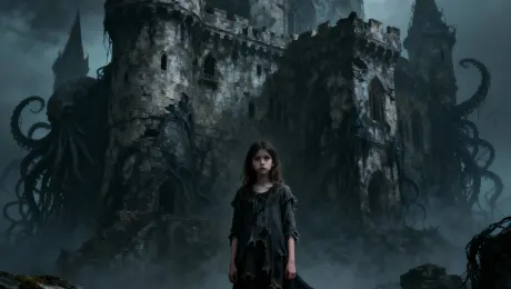 Cthulhu-style: A girl stands before an ancient castle, facing the camera.