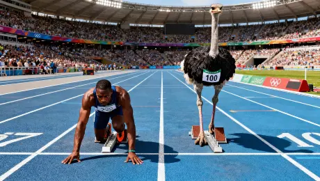 An Olympic sprinter is neck-and-neck with a towering ostrich wearing a racing bib, running a 100-meter dash on a blue track, low angle shot, intense competition.	