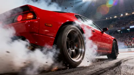 The rear wheel of a red sports car spins wildly in place, kicking up thick white smoke, before the car launches forward explosively. Cinematography: An extreme low-angle ground shot, focused tightly on the rear wheel. The camera shakes violently as the engine roars. As the car launches, the camera executes a whip pan with heavy motion blur. Style & Atmosphere: Intense, gritty, and adrenaline-fueled, in the style of the Fast & Furious movies. Environment & Details: Tiny asphalt particles are kicked up by the tires, heat haze distorts the air from the exhaust, and stadium lights in the background create dramatic lens flares. Technical Specs: 8K, high frame rate (60fps) for slow-motion detail, sharp focus, high saturation, anamorphic lens flare.