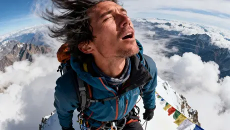 A mountaineer reaches the summit of a snowy peak. They take a deep breath of the thin air, a look of awe and accomplishment washing over their face. Fierce winds whip at their jacket and nearby prayer flags, as clouds rush past below. Arc shot moving from behind to a close-up on their face. Epic, wide-angle, breathtaking.