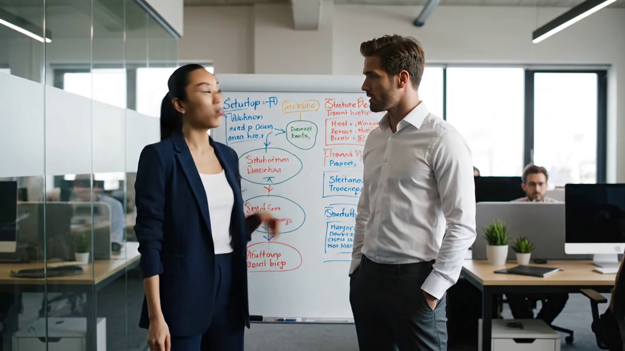 Scene 1:
Action: Inside a modern coworking office, two young entrepreneurs rehearse a startup pitch in front of a whiteboard filled with diagrams.
Dialogue:
Anna (determined): “We’re not selling a product. We’re selling a vision.”
Leo (nodding): “Then let’s make them believe it.”
Ambient Sound: Office air hum, typing in the background, occasional distant city noise.

Scene 2:
Action: Cut to the real pitch — same outfits, gestures, and tone. The lighting shifts to bright stage lights as they present confidently.
Continuity: Smooth cross-scene identity retention; their confidence builds visually and emotionally.