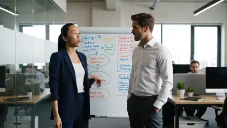 Scene 1:
Action: Inside a modern coworking office, two young entrepreneurs rehearse a startup pitch in front of a whiteboard filled with diagrams.
Dialogue:
Anna (determined): “We’re not selling a product. We’re selling a vision.”
Leo (nodding): “Then let’s make them believe it.”
Ambient Sound: Office air hum, typing in the background, occasional distant city noise.

Scene 2:
Action: Cut to the real pitch — same outfits, gestures, and tone. The lighting shifts to bright stage lights as they present confidently.
Continuity: Smooth cross-scene identity retention; their confidence builds visually and emotionally.